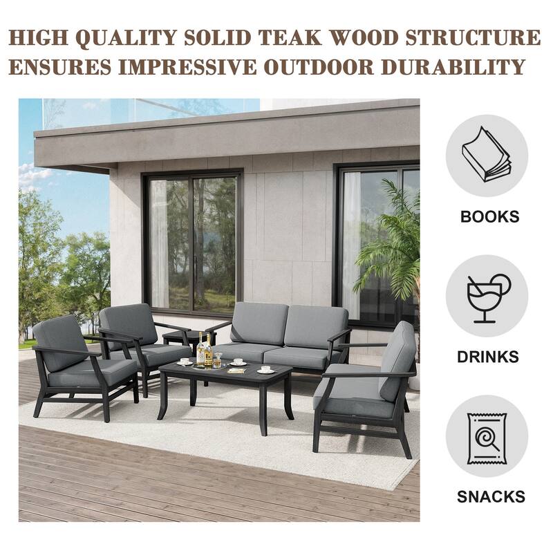 Teak Outdoor Patio Conversation Set with Cushions and Tables (6-Piece)