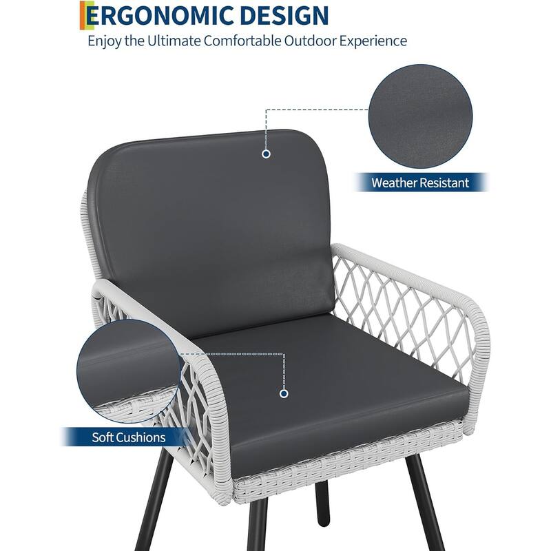 Patio Dining Chairs Set of 4 with Black Metal Frame & White Hand-Woven Rattan