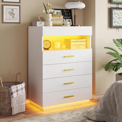 Dresser LED Lights Floating Tall Dresser 4 Large Drawers Open Storage