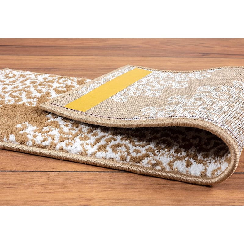Beverly Rug Indoor Non Slip Carpet Stair Treads w/ Installed Tape 9"x28" Medallion Beige / Ivory