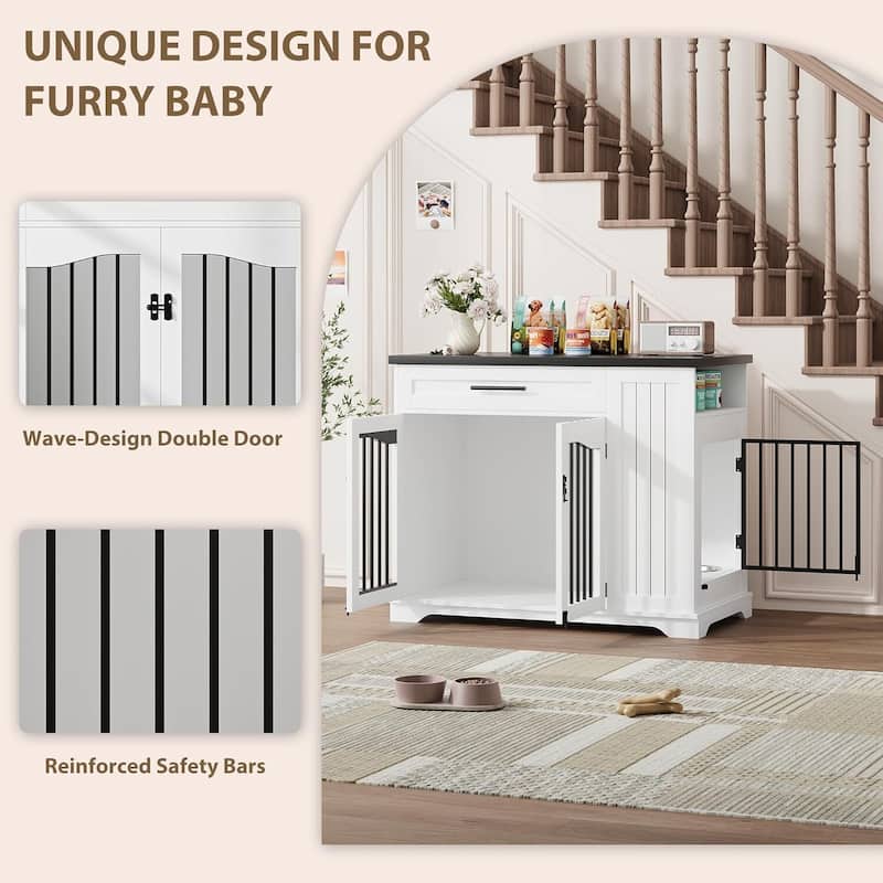 Heavy-Duty Dog Crate Furniture with Storage & Feeding Bowls