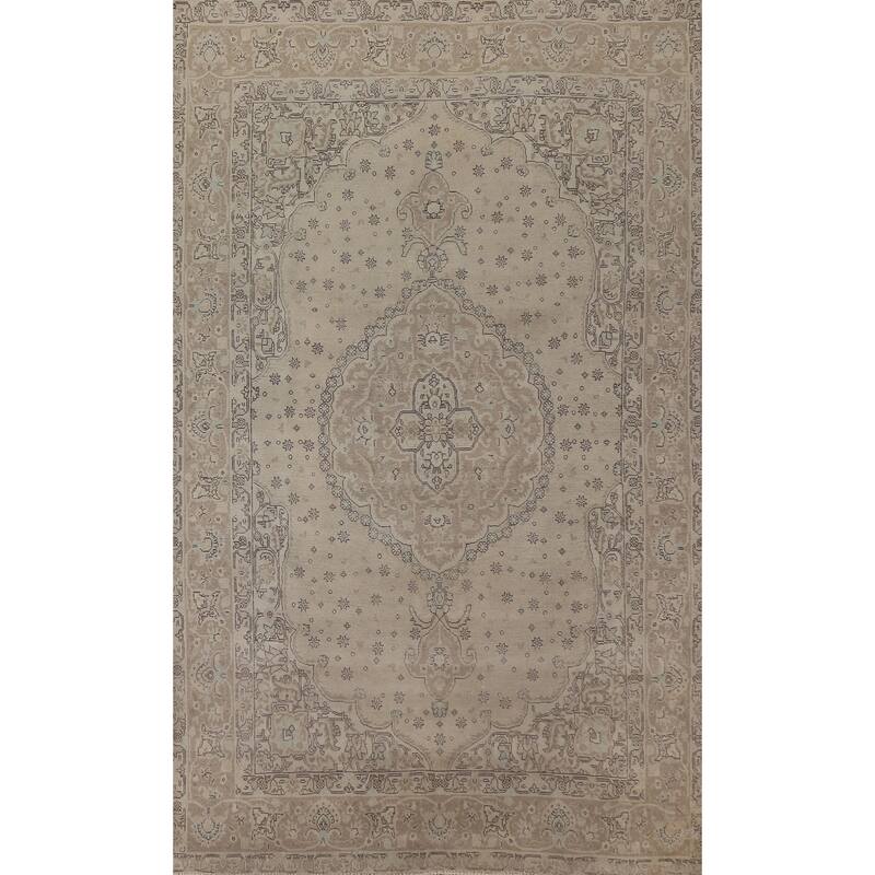 Hand Knotted Oriental 100% Wool Carpet Traditional Medallion Beige & Ivories Tabriz Area Rug - 9' 9'' X 6' 5''