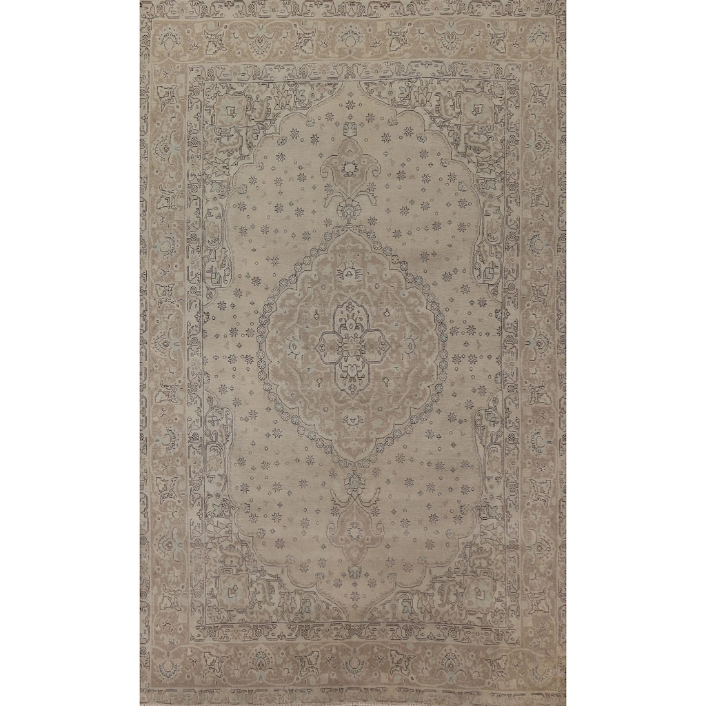 Hand Knotted Oriental 100% Wool Carpet Traditional Medallion Beige & Ivories Tabriz Area Rug - 9' 9'' X 6' 5''