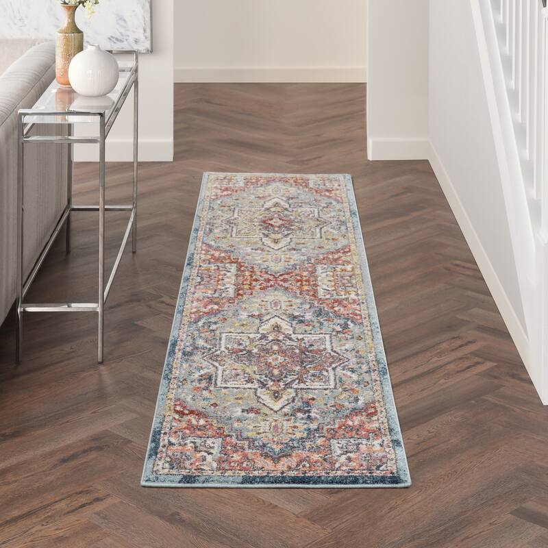 Nourison Juniper Persian Farmhouse Medallion Multicolored Area Rug - 2'2" x 7'6" Runner - Blue/Multicolor