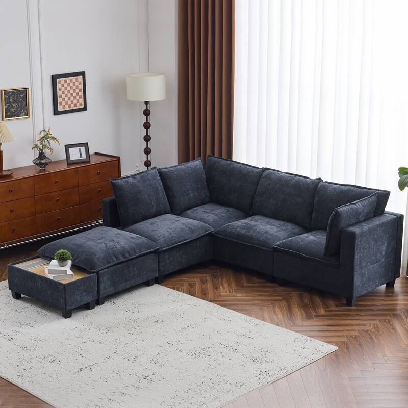 U-Shaped Sectional Sofa with Ottoman, Coffee Table with Hidden Charging Devices, Oversized Chenille Upholstered Cloud Sofa