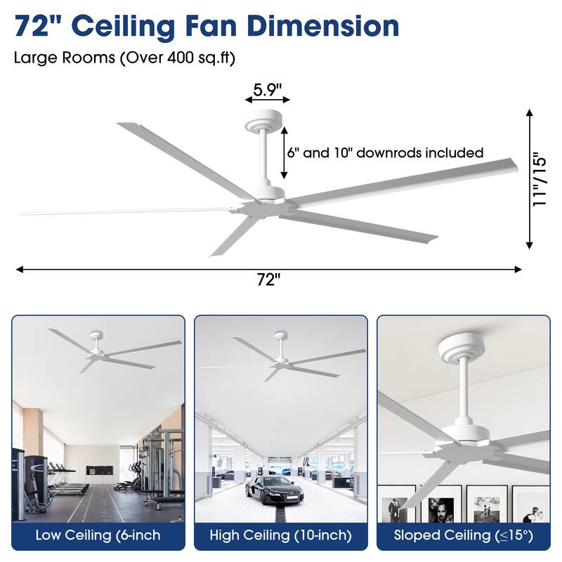 72" Modern White Waterproof Wet Outdoor Large Aluminum Ceiling Fan with Remote