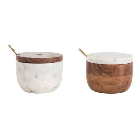 Marble and Acacia Wood Bowl with Lid and Brass Spoon, Set of 2 Styles
