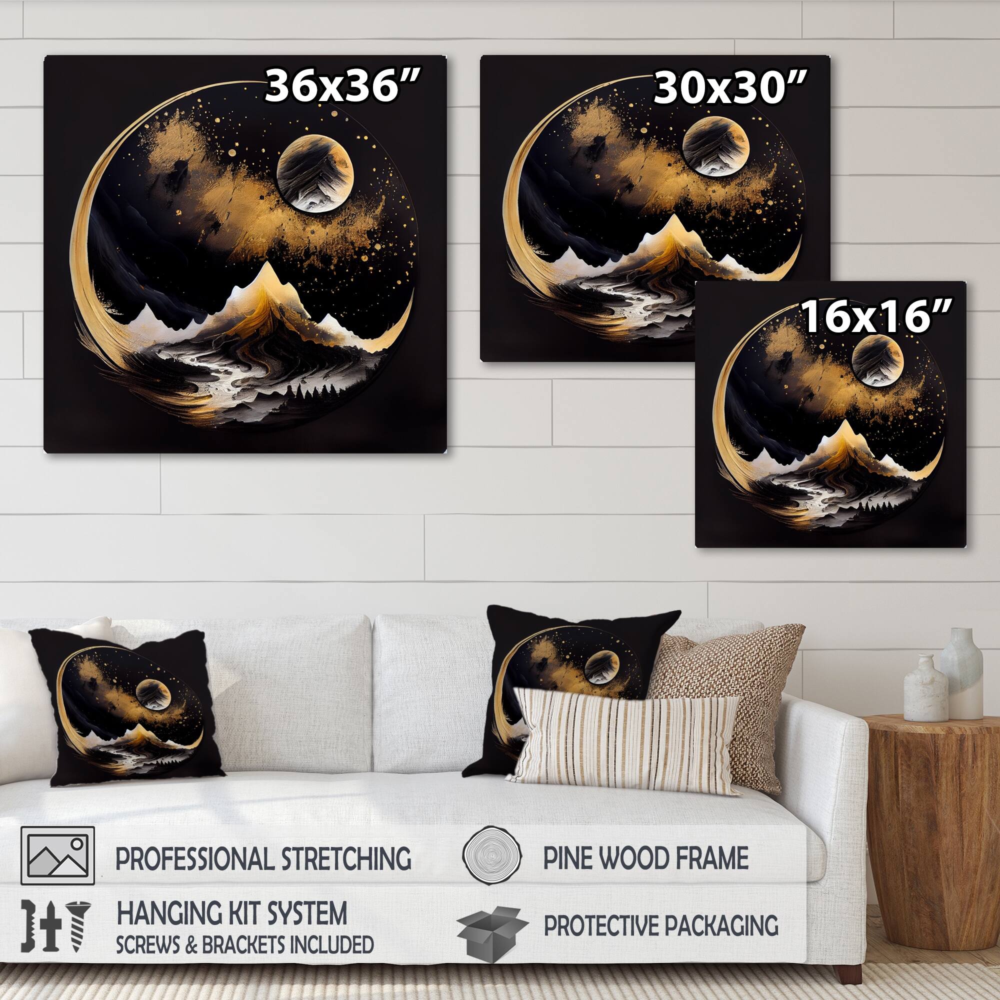 Designart 'Black And Gold Mountain Landscape III' Outer Space Canvas ...