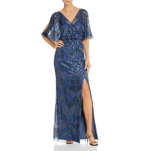Aidan by Aidan Mattox Womens Evening Dress Mesh Embellished - Blue Grey