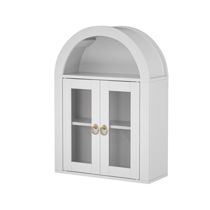 Wall Mounted Arched Cabinet with Glass Doors, Light and Adjustable Shelves for Laundry Room, Bathroom, Kitchen