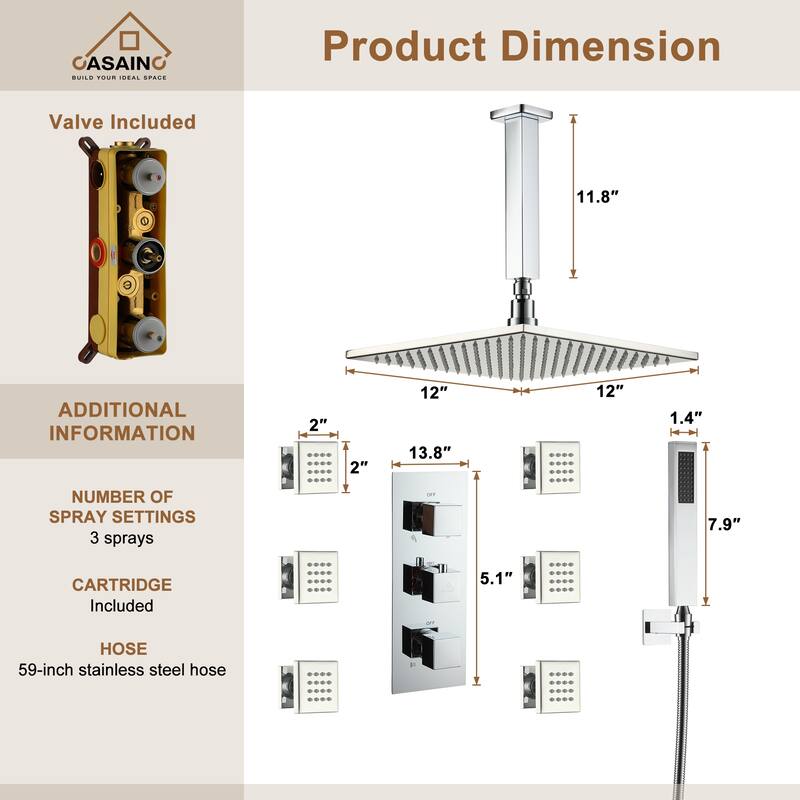 Celling 12 inch LED 3 Function Thermostatic Shower System with 6 Body Jets