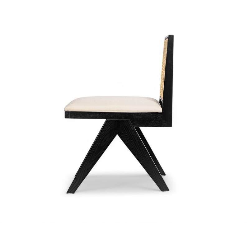 Dining Chairs Set of 2, Ergonomic Upholstered Kitchen Side Chairs, Accent Chairs with Rattan Backrest & Solid Wood Legs