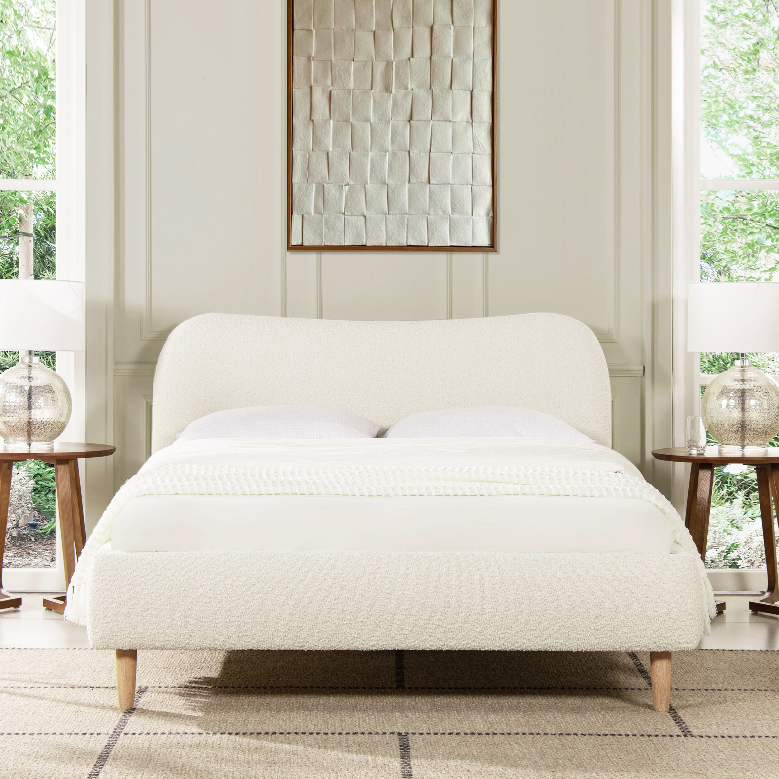 Roman Boucle Faux Sherpa Curved Headboard Upholstered Platform Bed