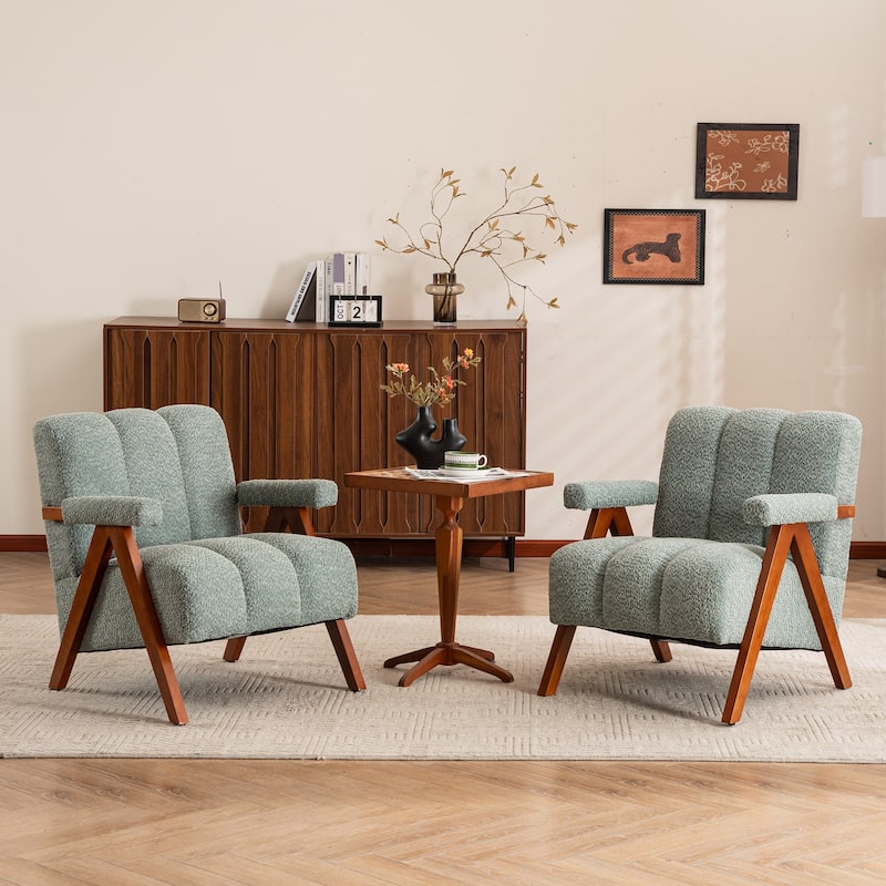 Mid Century Modern Accent Chair, Chenille Armchair with Solid Wood Legs, Channel Tufted Comfy Reading Chair for Living Room - Set-of-2-Sage