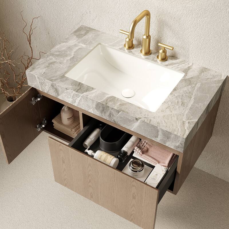 36" Bathroom Vanity & Sink, Floating Plywood Storage Cabinet with Drawer & Door, Sintered Stone Top & Ceramic Basin