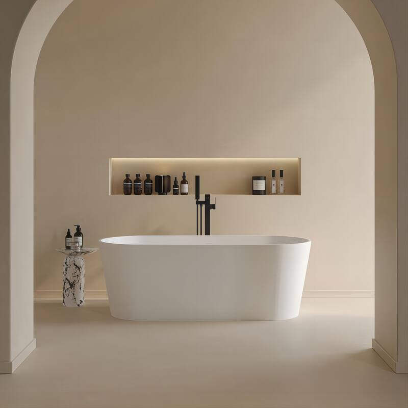 Oval Shaped Stone Resin Freestanding Bathtubs, Solid Surface Matte White Soaking Tub with Overflow and Pop-up Drain