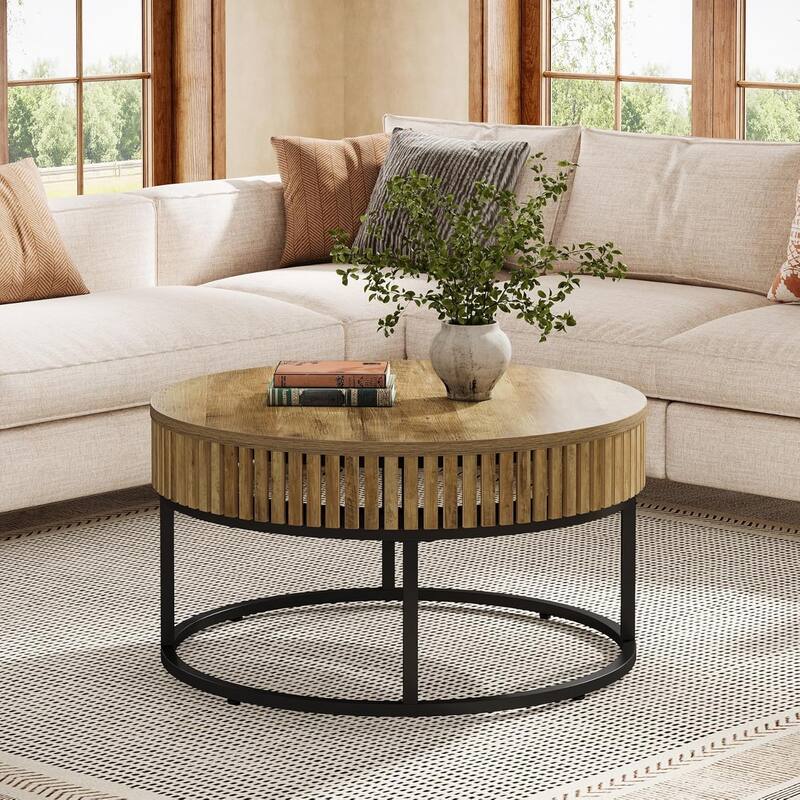 31.5 Inches Brown Engineered Wood/ Metal Coffee Table, Round Farmhouse Center Table