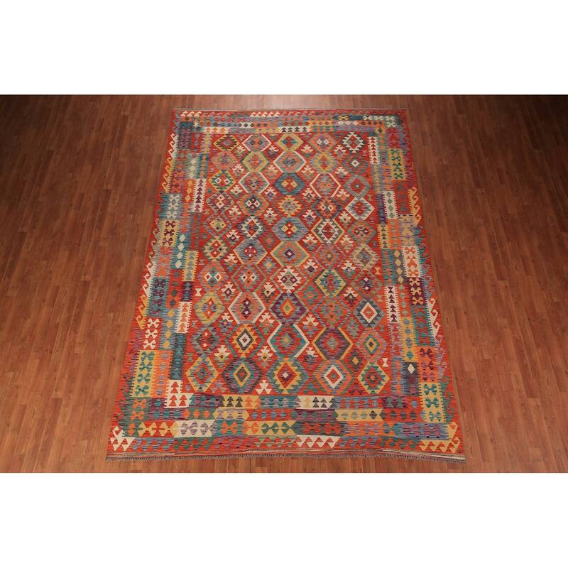Kilim Oriental Area Rug Flatweave Geometric Orange Wool Carpet - 8'2" x 11'5"