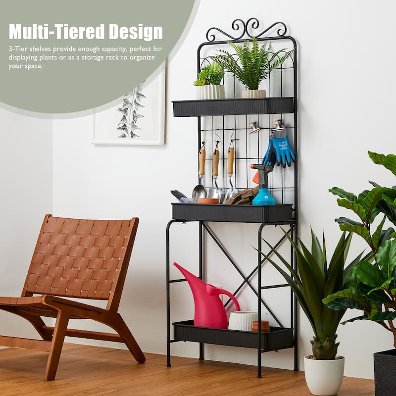 Glitzhome 68"H 3 Tier Shelving Black Metal Plant Stand Kitchen Shelf Multifunctional Storage Rack for Indoor Outdoor