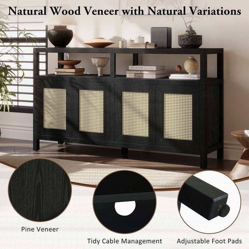 Rattan Buffet Storage Cabinet with Wood Frame