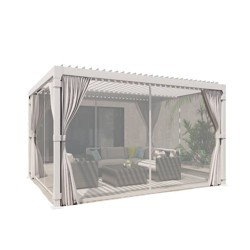 EROMMY 12x12 Adjustable Metal Roof Pergola with Curtains and Netting, Outdoor Hardtop Gazebo for Patio