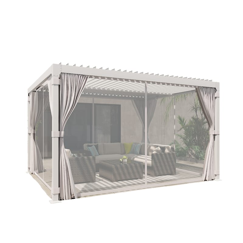 Outdoor Louvered Pergola, Outdoor Patio Hardtop Gazebo, Adjustable Metal Roof Curtains and Netting Included