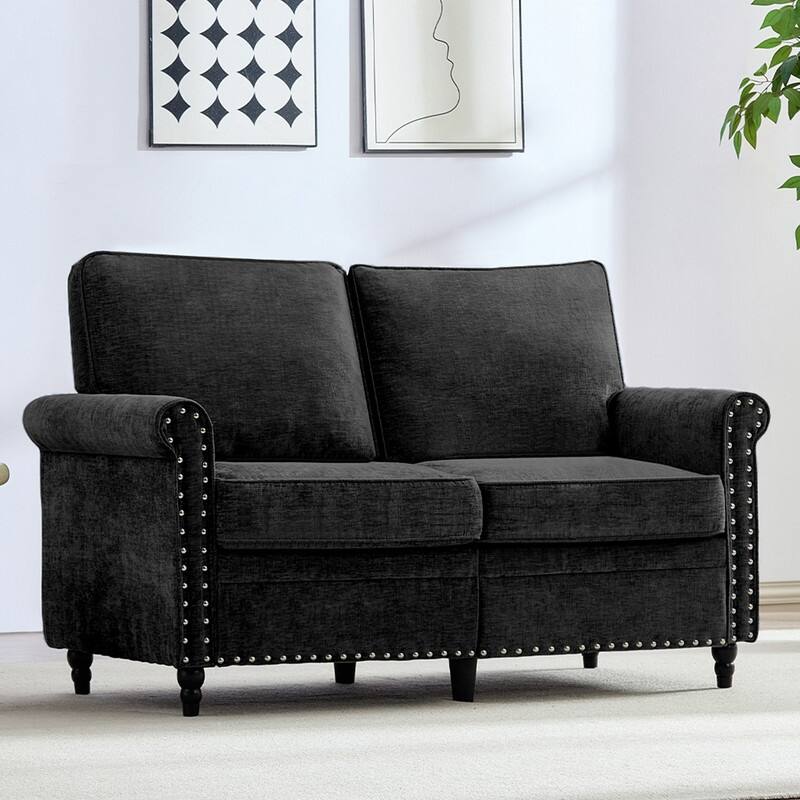 Mixoy 53.9''Chenille Living Room Sofa,Modern 2-Seater Sofa Couch,Loveseat Sofa with Unique Riveted Look - Black - 2-Seater Sofa