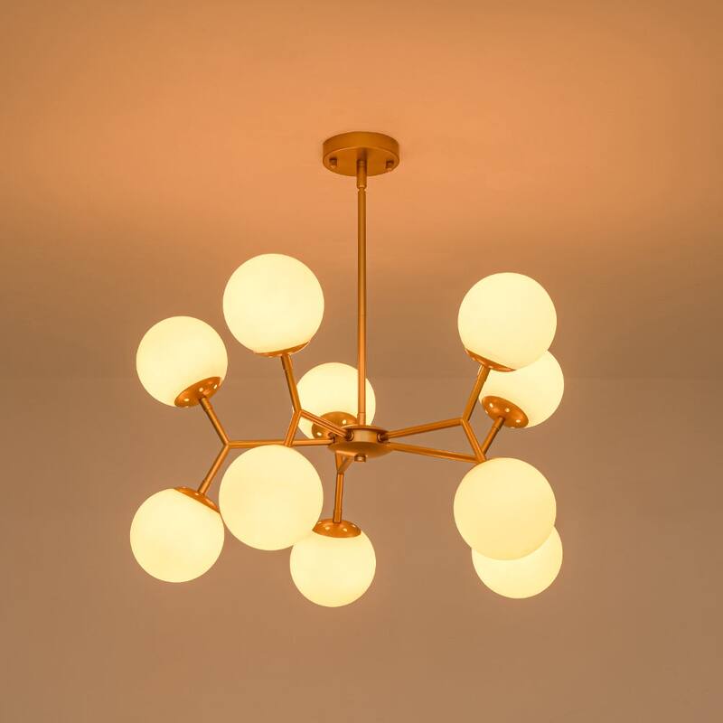 Mid-Century 10-Light Milky Glass Globe Round Branched Chandelier