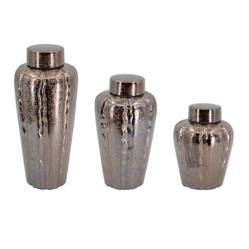 Set of Three Bronze And Silver Ceramic Urn Ginger Jars - 18.40