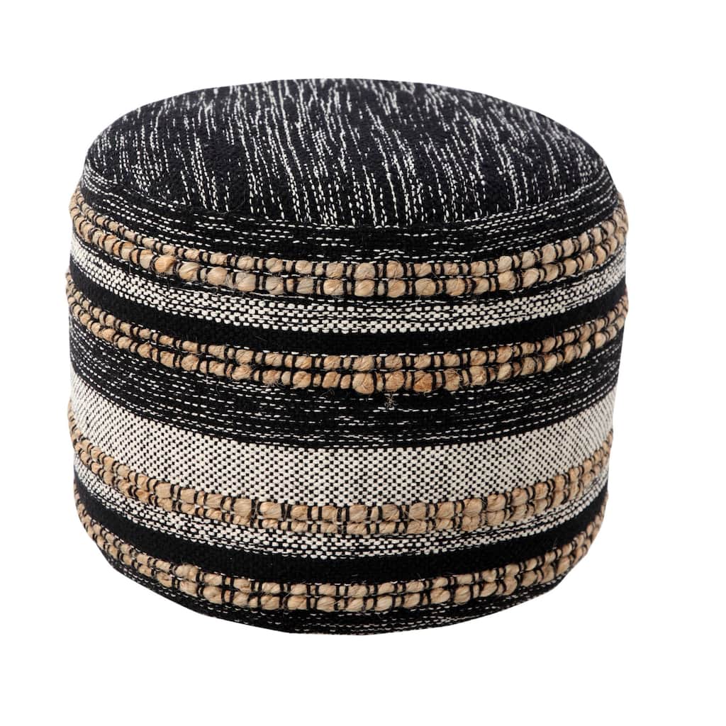 18" Black and White Boho Striped Handcrafted Round Pouf Ottoman