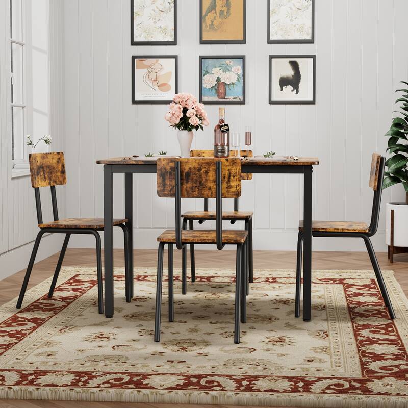 Kitchen Dining Table Set Metal Frame Breakfast Table with 4 Dining Chairs Modern Casual Dining Table Set 5-Piece Dining Set