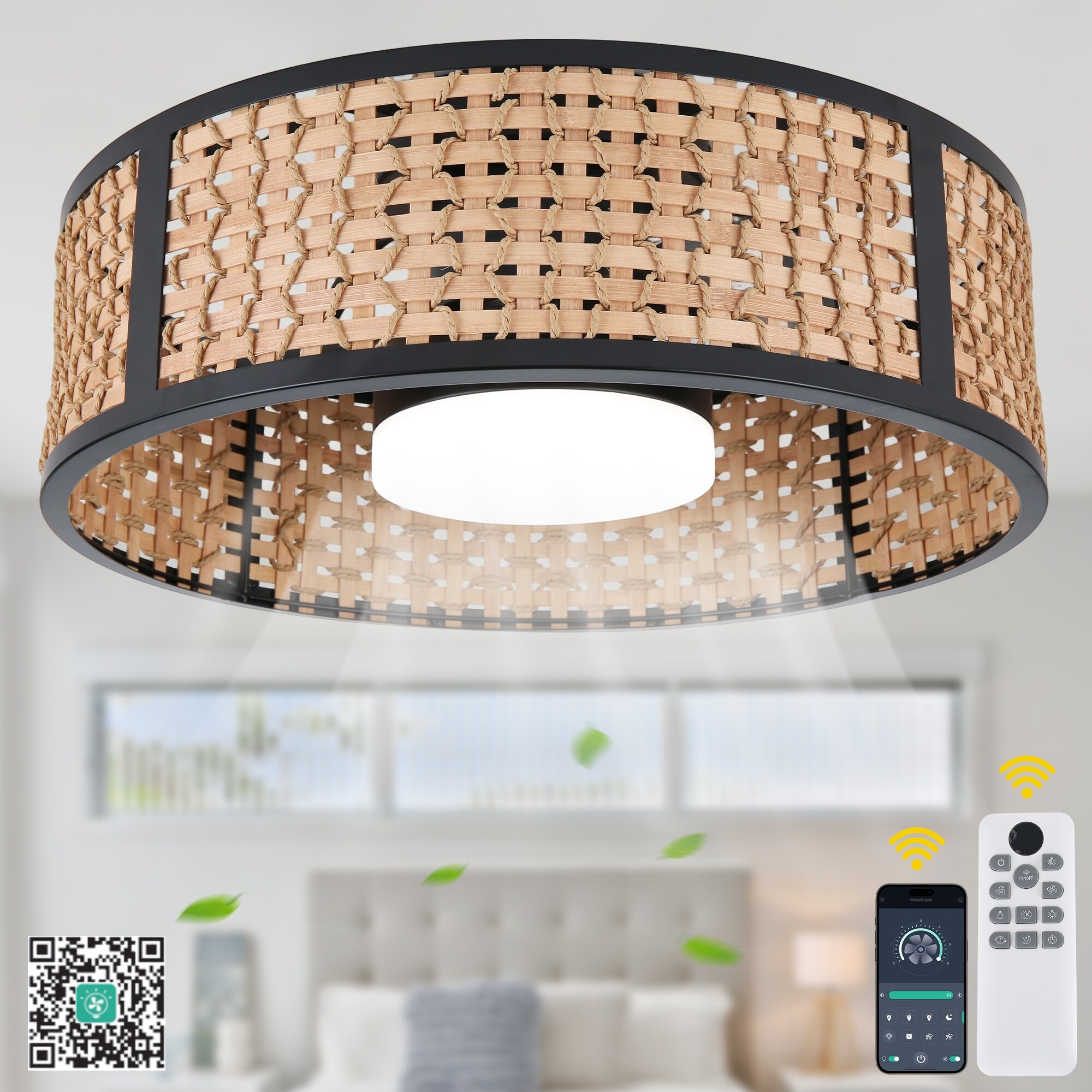 Bella Depot 20" Farmhouse Rattan Caged Flush Mount Ceiling Fan with Dimmable LED Light 6-Speed Reversible APP & Remote Control