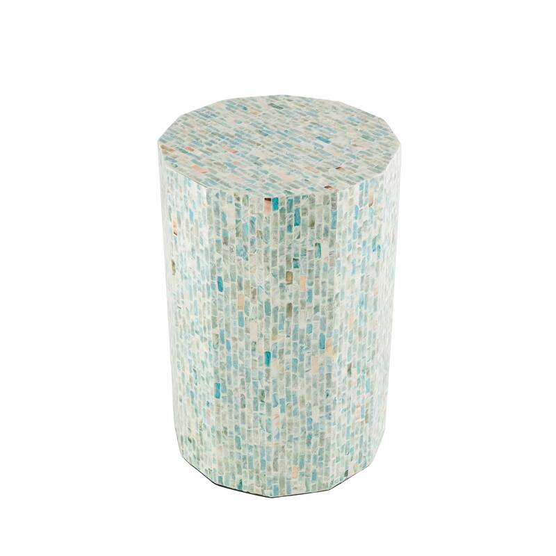 Mother of Pearl Shell Handmade Mosaic Inlay Drum Side End Accent Table - Blue - Roche River Decor