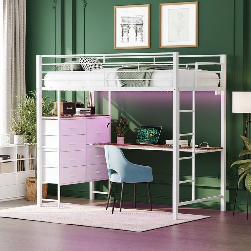 Metal Loft bed with 1 Desk,7 drawers,LED Light,Charging Sockets and Ladder - White - Twin