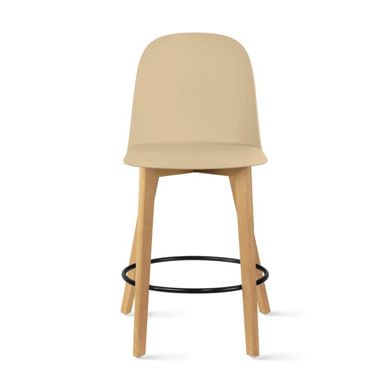 25" Plastic Armless Bar Stool Chair Dowel Natural Wood Eiffel Legs For Kitchen Counter Height Dining - Beige