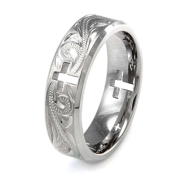Handcrafted Floral Design Titanium Ring w/ Hollow Cross