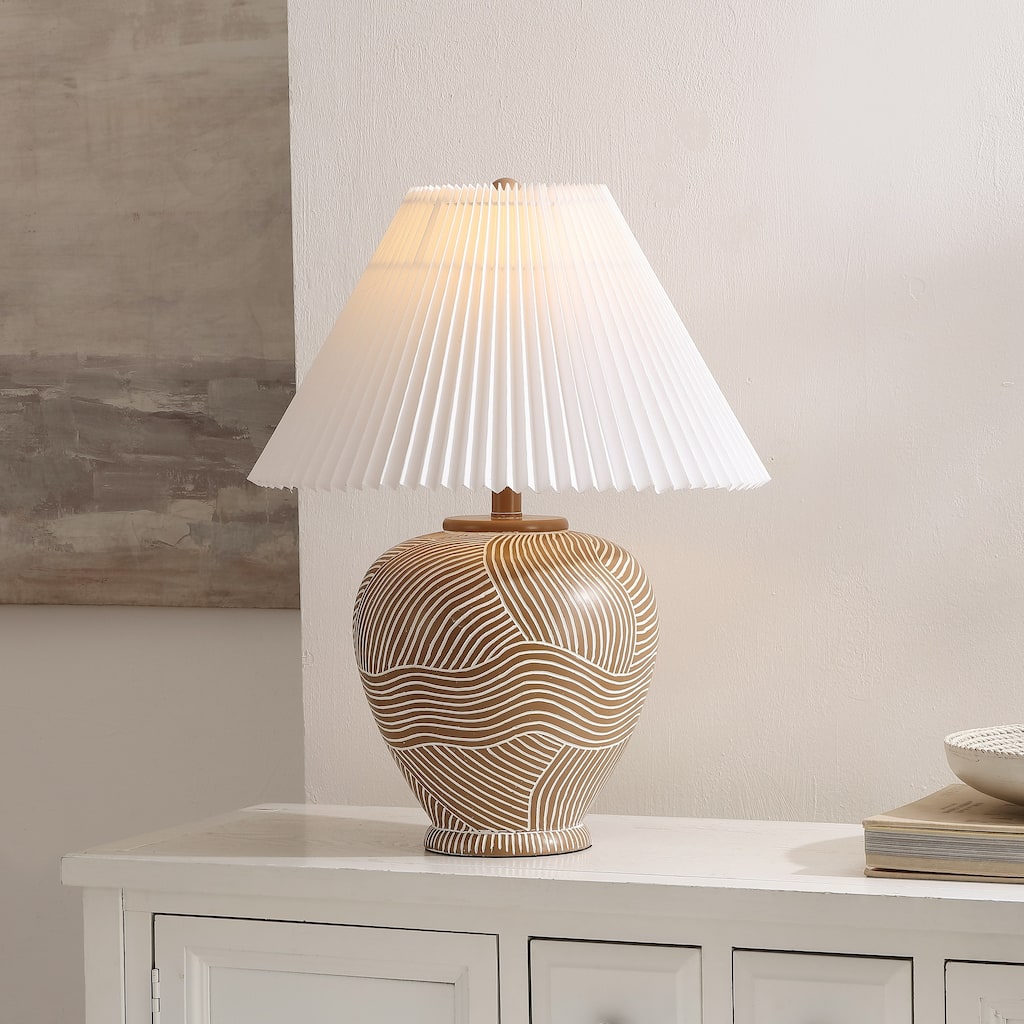 SAFAVIEH Lighting Claude 22-Inch Table Lamp, Textured Resin Base with Pleated Shade for Bedroom and Living Room