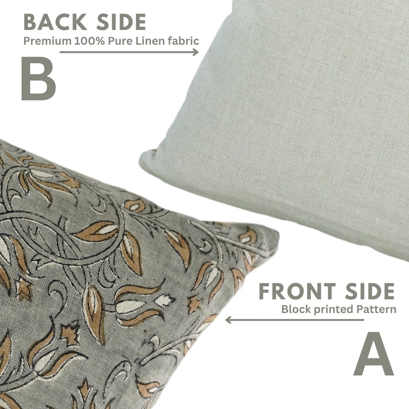 Fabdivine 12x20 Handmade Pure Linen Cushion Cover Floral Mustard Ideal for Sofa, Floral Block Print, Accent Décor, Bagru Buti