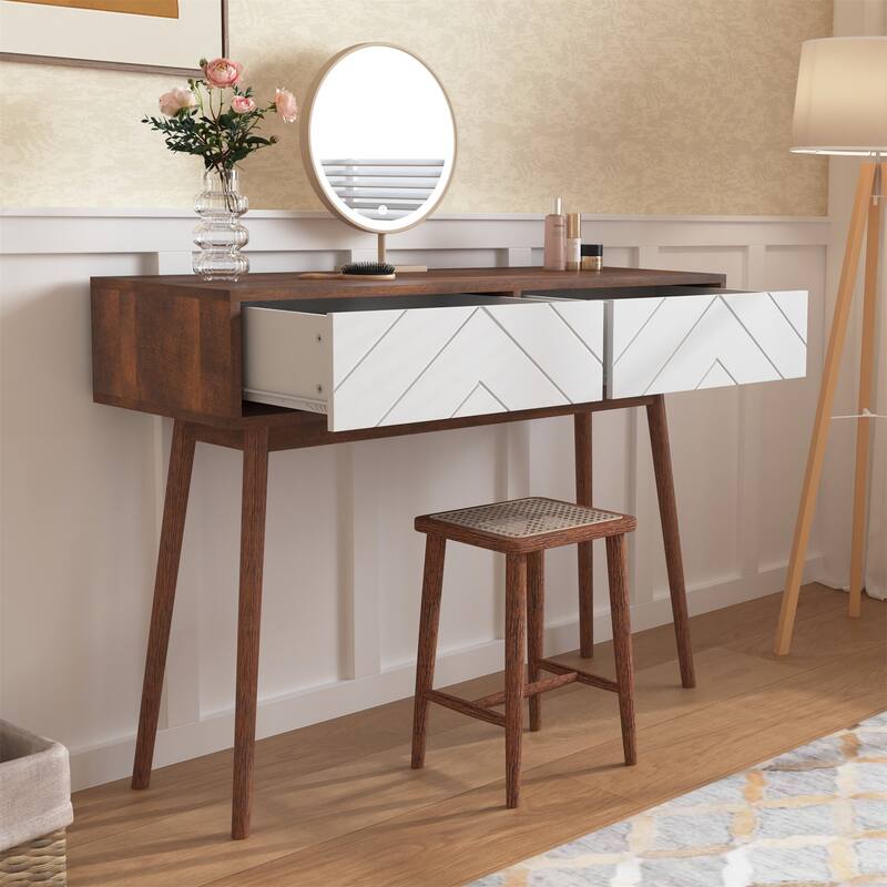 Console Table with 2 Carved Panel Drawers, Storage Space and Wood Legs