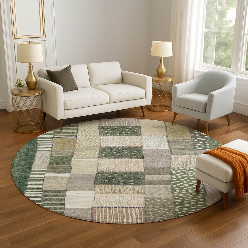 Premium Washable Super Soft Modern Patchwork Mayfield Rug - Olive - 8' x 8'