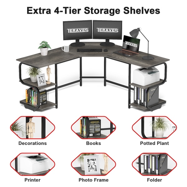 Teraves reversible l shaped desk with shelves round shop corner computer desk gaming table workstation for home office