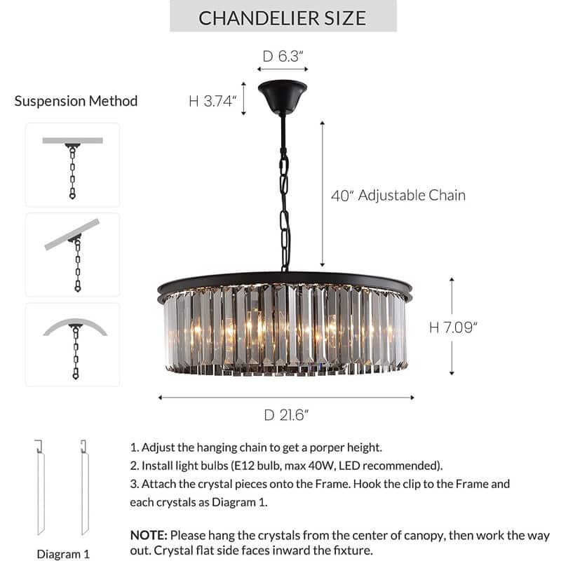 22-inch Smoky Gray Round Chandelier 2-Tier Modern Crystal Chandelier Kitchen Island Pendant Light for Dining Room Bedroom