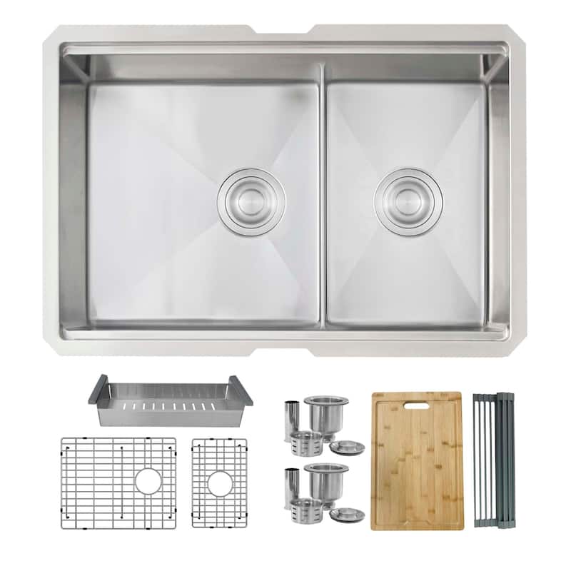 STYLISH 28 inches Workstation 60/40 Double Bowl Undermount 16 Gauge Stainless Steel Kitchen Sink with Accessories included