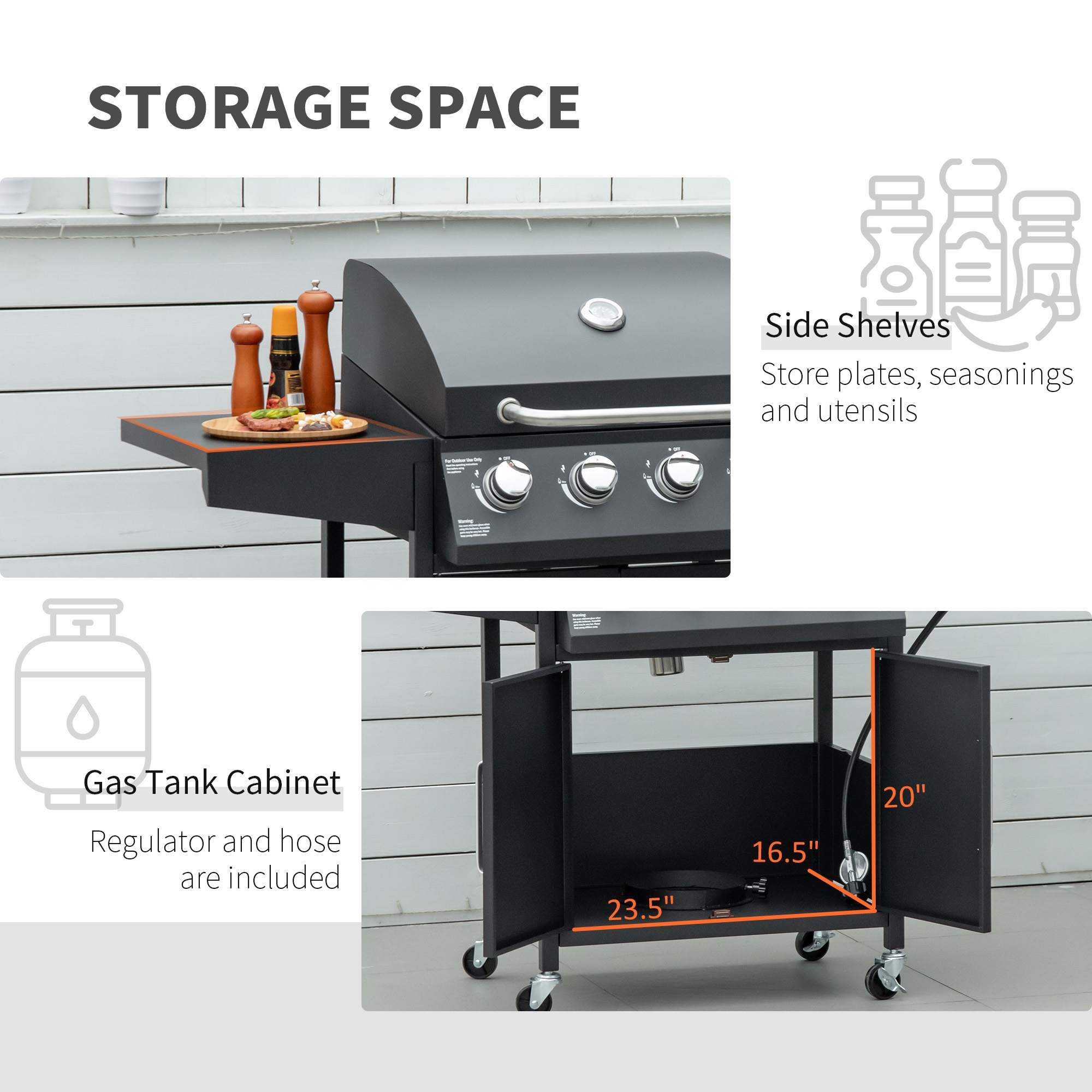 Outsunny 4+1 Burner Liquid Propane Gas Grill Outdoor Cabinet Style BBQ Trolley w/ Side Burner, Warming Rack, Thermometer