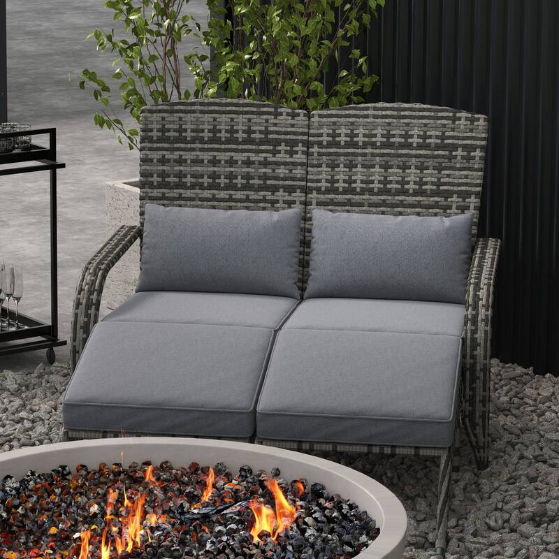 Outsunny Wicker Adirondack Chair for 2 with Cushions & Footrests, PE Rattan Fire Pit Chair