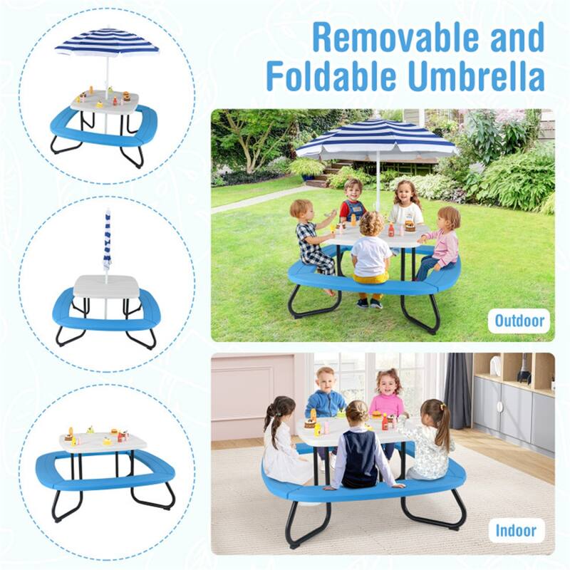 Kids Outdoor Picnic Table with Adjustable Umbrella and Benches Metal Frame and Weather-Resistant Surface - 49" × 49" × 39"-63"