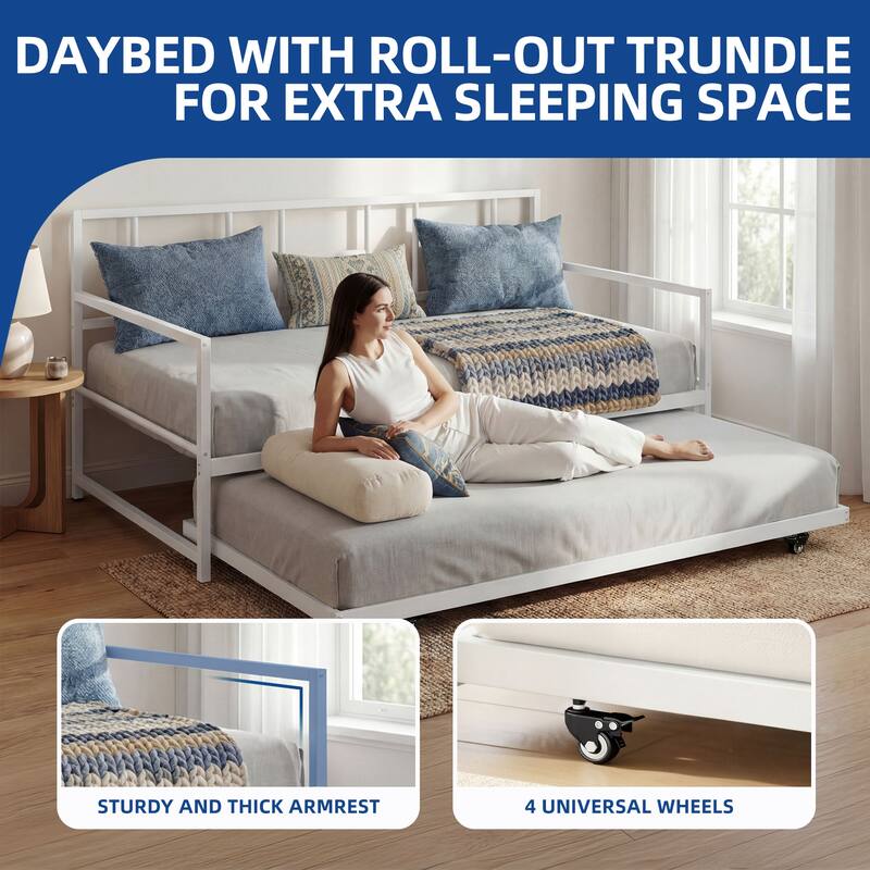 Moasis Twin Daybed with Pull Out Trundle, Metal Trundle Bed