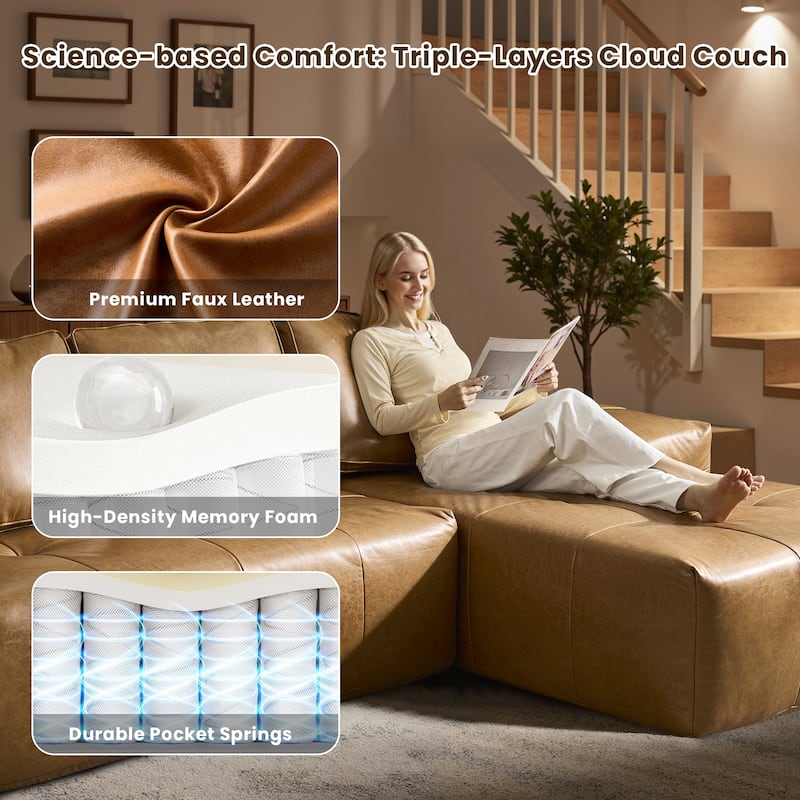 HOOOWOOO Mid-Century Modern Upholstery Fabric L-shaped Sectional Sofa Couch with Ottoman