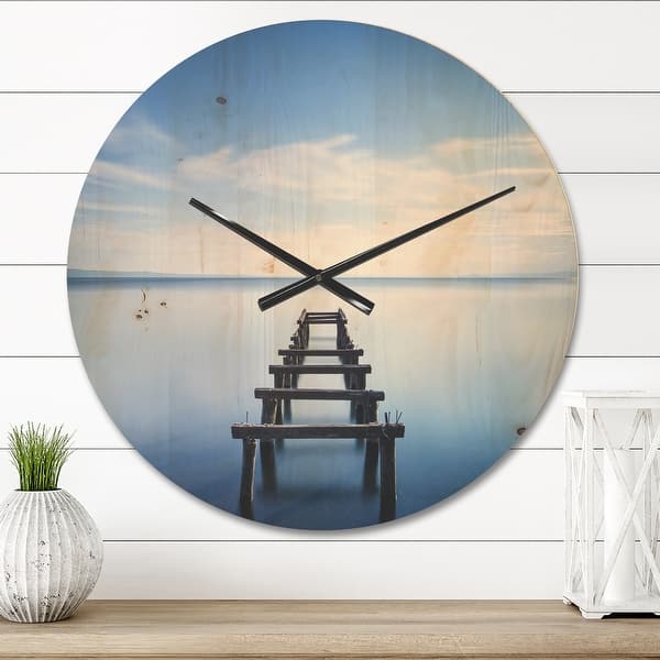 slide 2 of 9, Designart 'Jetty Remains in Blue Lake' Oversized Lake House Wall CLock