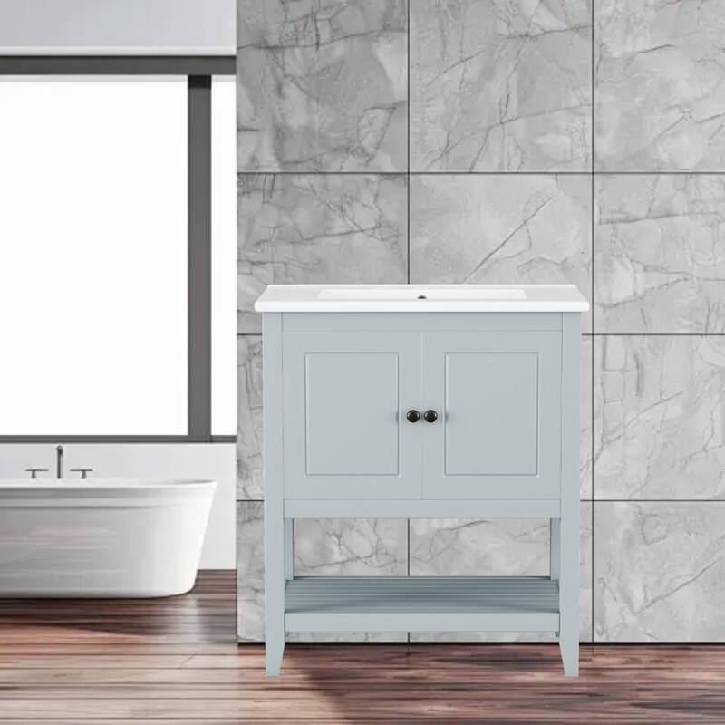 30" Freestanding Bathroom Vanity with Elegant Ceramic Sink, Solid Wood Frame & Ample Storage - Grey